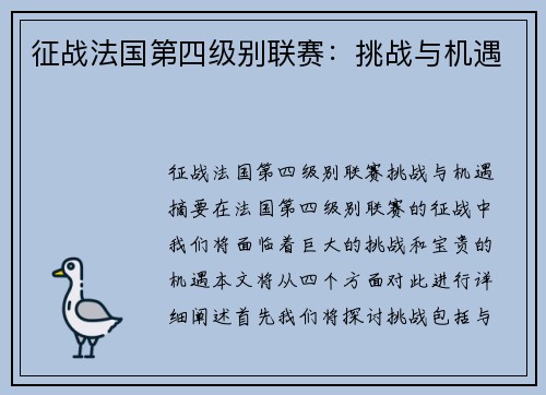 征战法国第四级别联赛：挑战与机遇